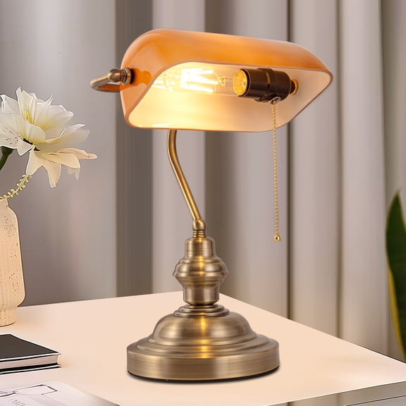 YANSUN Classic Retro Table Lamp with Orange Glass Shade and Antique Gold Base, E26 Socket for Study, Home Office, Bedroom
