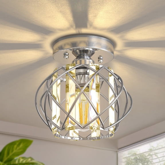 YANSUN Modern Cross Hardware Crystal Semi Flush Mount Ceiling Light, White Chrome Finish, E26 Base, 1-Light Traditional Ceiling Fixture for Living Room, Bedroom, Hallway, Entryway, Dining Room (Bulb