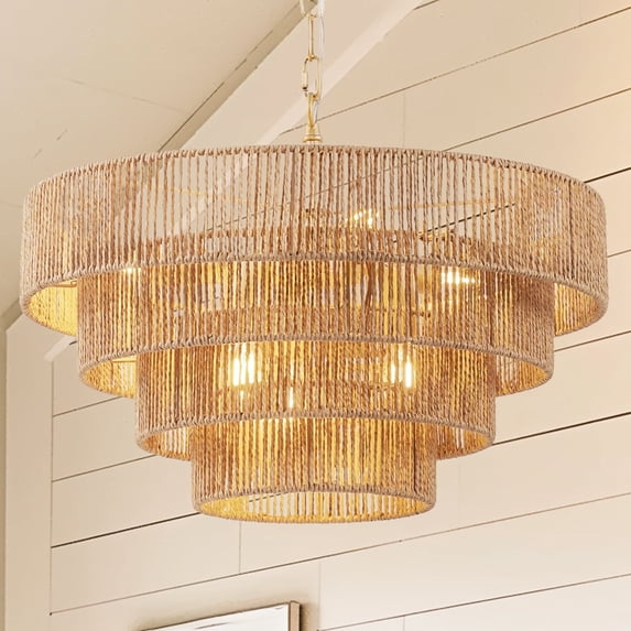 YANSUN 19.7 in. 6-Light Boho Brown Rattan Chandelier, Hand-Woven 4-Tier Natural Pendant Light for Living Room or Dining