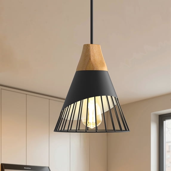 YANSUN Farmhouse Pendant Light with Wood & Metal Shade, Adjustable Height Matte Black Hanging Lamp for Kitchen Island Dining Room