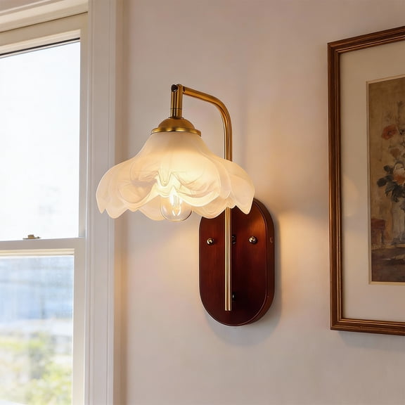YANSUN Gold Vintage Wall Sconce, Single Light with White Flower Glass Shade & Wood Accent, E26 Socket for Living Room, Bedroom, Hallway