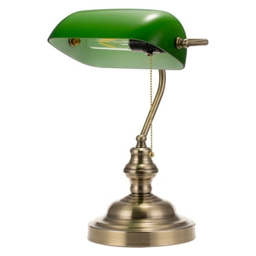 YANSUN Green Glass Bankers Desk Lamp, UL Listed, Antique Desk Lamps with Brass Base, Traditional Library Lamp with Pull Chain,Retro Desk Lamp for Office, Study Room