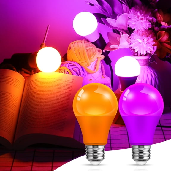 YANSUN Halloween Light Bulbs, 2-Pack LED Colored Bulbs (Orange + Purple), 9W (Replaces 60W), A19 E26 Base, 120V, Decorative Party Lighting