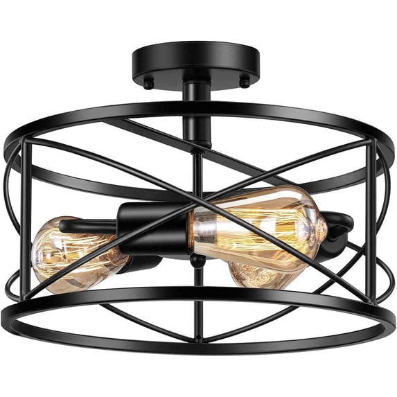 YANSUN 13.4"(W) 3-Light Matte Black Farmhouse Semi-Flush Mount Ceiling Light, Retro Industrial Drum Cage Light for Bedroom, Hallway