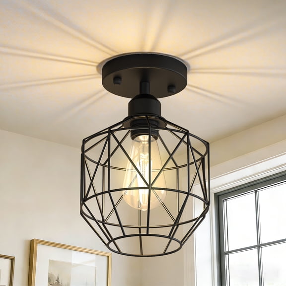 YANSUN Industrial Single-Light Flush Mount Ceiling Light with Matte Black Cage Shade for Hallway, Entryway