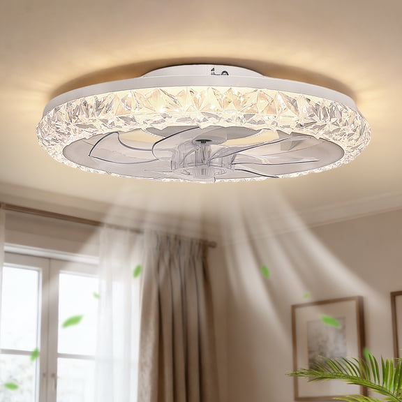 YANSUN Modern 19 in Ceiling Fan with Light, Remote Control, Crystal Design, Adjustable Color & Fan Speed, Flush Mount for Bedroom, Living Room, Office