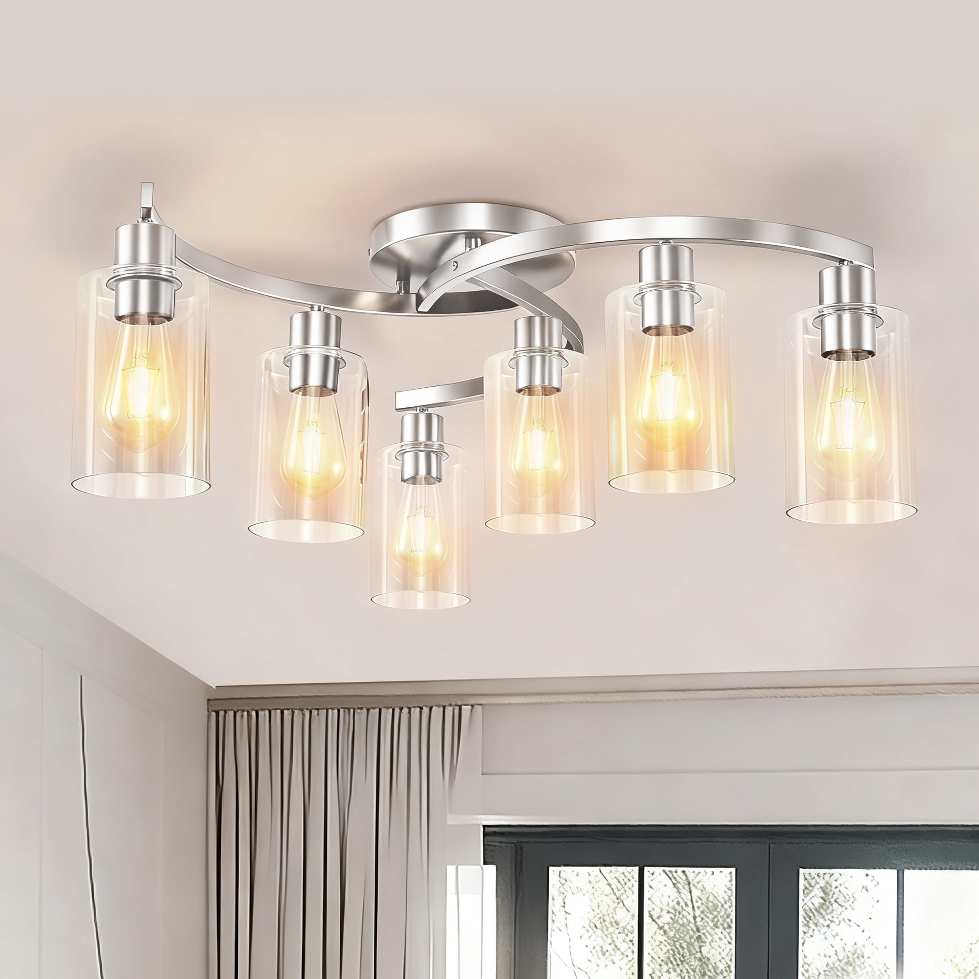 YANSUN Modern 6-Light Industrial Ceiling Light, Bent Tube Design with Clear Glass Shades, 20.5 in Flush Mount for Dining Room Living Room