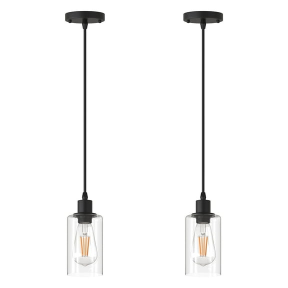 YANSUN Modern Pendant Light Fixtures, Matte Black E26 Base with Clear Seeded Glass Shade for Bar, Dining Room, Bedroom, Living Room, 2 Pack