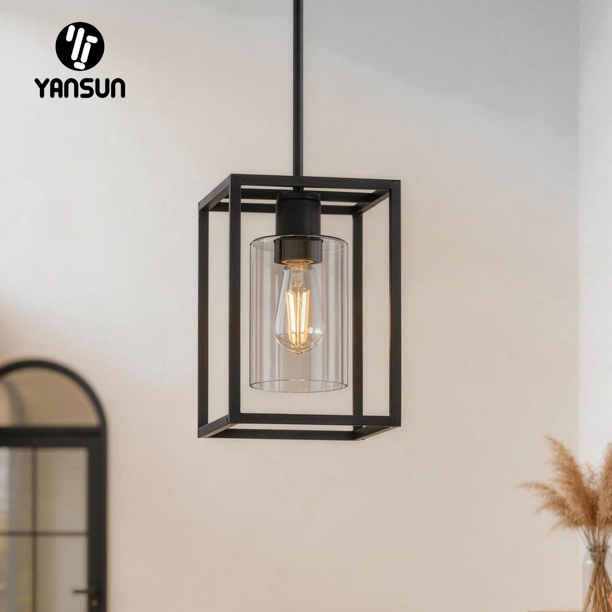 YANSUN Pendant Lights Kitchen Island, Rustic Farmhouse Pendant Light Fixtures with Clear Glass Shade, Adjustable Hanging Lighting for Dining Room, Entryway and Foyer