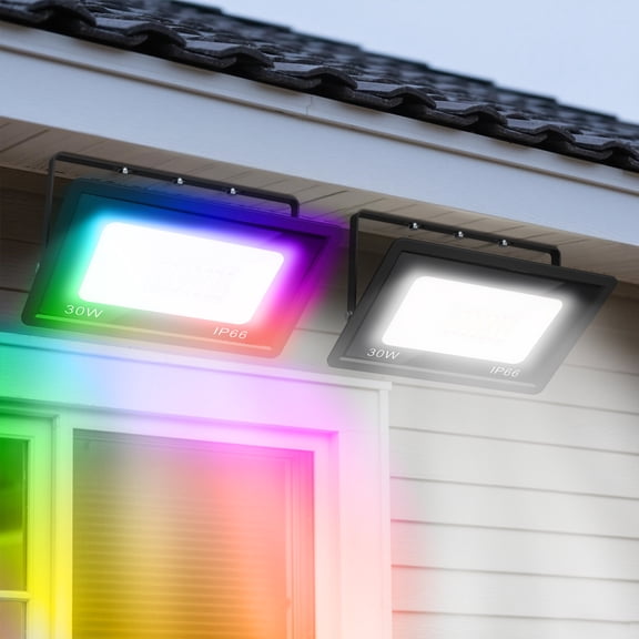 YANSUN RGBCW Color Changing LED Flood Light 2-Pack, Dusk to Dawn Sensor, 30W Equivalent, IP66 Waterproof Outdoor Security Lights for Garden, Yard, Driveway