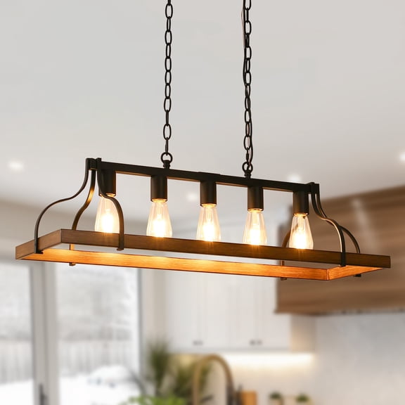 YANSUN Rustic 5-Light Kitchen Island and Dining Room Light, Farmhouse Linear Chandelier with Black and Brown Wood Finish, for modern kitchens, dining rooms, entryways, or living rooms
