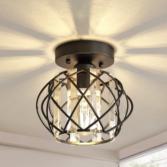 YANSUN Modern Traditional Flush Mount Ceiling Light, Matte Black Cross Hardware with Triangle Crystal Accents, 1-Light E26 Fixture for Living Room, Bedroom, Hallway & Entryway