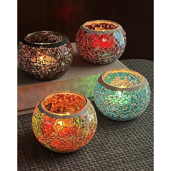 YANTON Mosaic Glass Candle Holder Set of 4, Votive Candle Holders Handmade Cracked TeaYANTON Holders for Fall Christmas Diwali Home Decorations, Diwali Gift