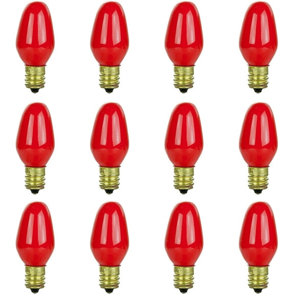 YANTONG 01058 7C7 Incandescent Bulb, 7 Watt, Candelabra E12 Base, C7 Small Night Light, Colored Bulb, Red, 12 Count