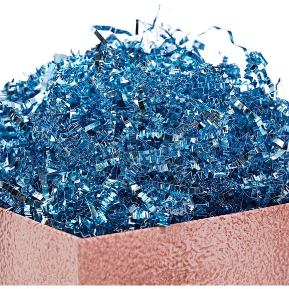 YANTONG 1 LB Metallic Blue Crinkle Cut Paper Filler Strands Shred, Blue Foil Sparkle Grass Shredded Raffia Tissue Craft Bedding Cushion, Wedding Birthday Bridesmaid Engagement Gift Boxes Bags Retail