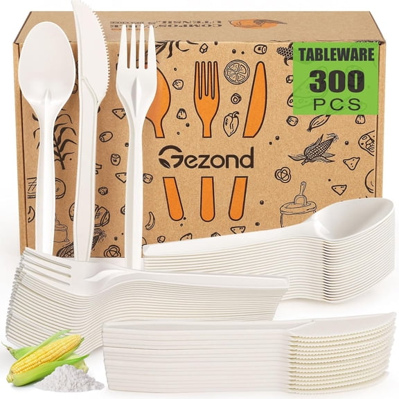 YANTONG 100% Compostable Cutlery Set 300 Pack Extra Long Disposable Cutlery with 150 Forks 100 Spoons 50 Knives 7 Inch No Plastic Biodegradable Utensils for Party Wedding Camping Office Picnic