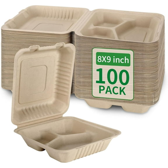 YANTONG 100 Pack 3 Compartment Compostable 8x9 Inch Takeout Lunch Box Containers with Lid To Go Take Out Clamshell for Food, Disposable Eco-Friendly Biodegradable Bagasse, PFAS-Free, Brown
