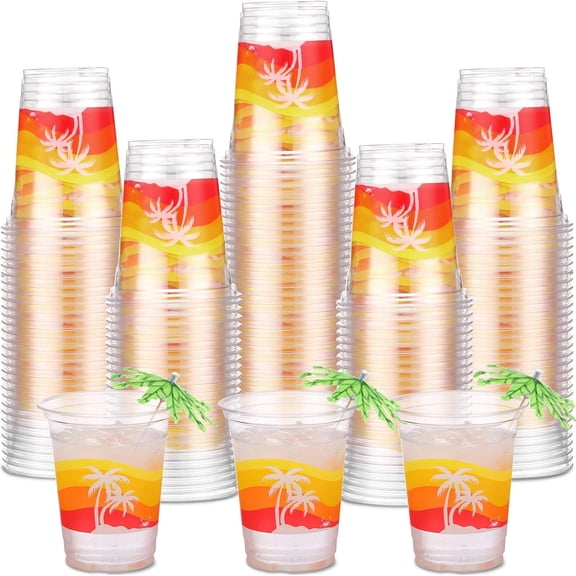 YANTONG 100 Pcs 12oz Luau Cups Plastic Hawaiian Coconut Tree Drinking Cups Bulk Disposable Palm Tree Tiki Drinkware for Summer Beach Party Supplies Luau Hawaiian Decorations(Beach)