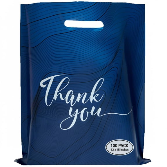 YANTONG 100 Thank You Plastic Bags with Handles 12"W x 15"H Thick Reusable Bulk Shopping Bags for Small Business, Retail Merchandise, Boutique Gifts, Clothes, Goodie Party Favors (Navy Blue)