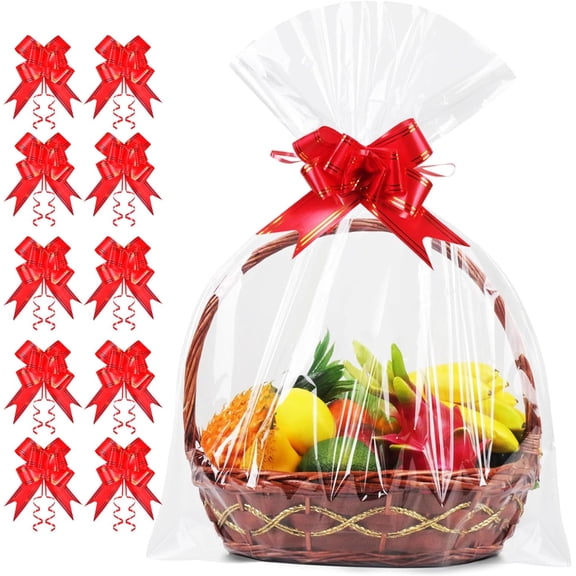 YANTONG 10PCS Extra Large Cellophane Wrap for Gift Baskets, 30x40 Inch Clear Cellophane Bags with 10 Red Bows, 3 Mil Thicker Cellophane Gift Bags for Gift Basket Wrap, Gift Giving