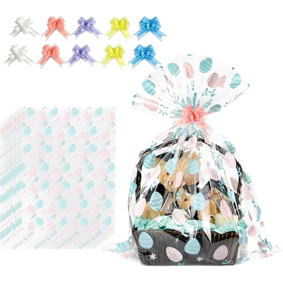 YANTONG 10Pcs 30x40 Inches Jumbo Easter Basket Bags with Pull Ribbons, Easter Pastel Egg Pattern Cellophane Wrap for Gift Baskets, Large Easter Gift Bags for Toys & Trays