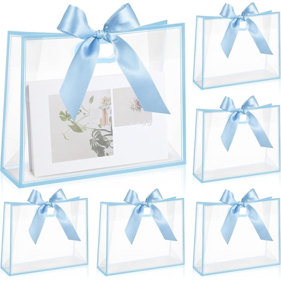 YANTONG 12 Pcs Clear Plastic Gift Bags with Die Cut Handles Reusable Gift Wrapping Bag with Ribbon for Wedding Valentine Bridal Shower Baby Shower, 12 x 10 x 5''(Blue)
