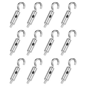 YANTONG 12 Pcs Portable Hook & Eye Turnbuckle Tension, Steel Wire Rope Hanger Open Body for 3/64"-1/16" Dia for Cable Guide Wire Rope Light Hanging Suspension Accessories, Silver