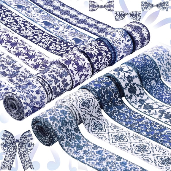 YANTONG 12 Rolls Chinoiserie Wired Edge Ribbon 2 Inch 60 Yards White and Blue Porcelain Bird Flower Burlap Ribbon Crafts Fabric Decorative for Gift Wrapping Hair Bow Sewing Wreath Supplies