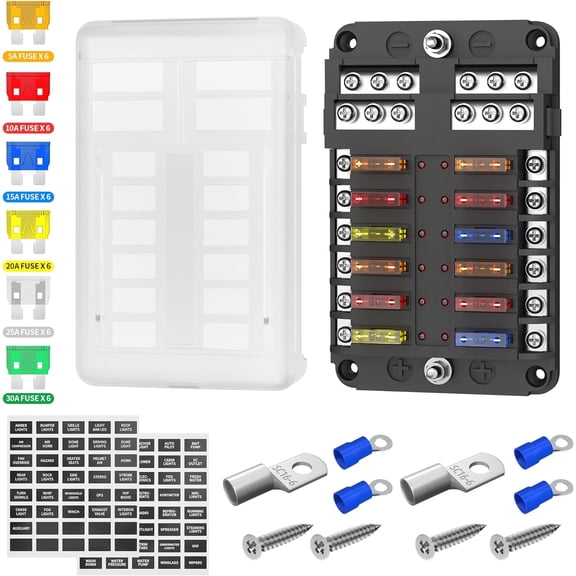YANTONG 12 Way Fuse Block, 12 Volt Blade Fuse Block with LED Indicator 12 Circuit Fuse Box 12V ATO/ATC Marine Fuse Panel 24V with Waterproof Cover Fuse Terminals for Automotive Boat Car RV