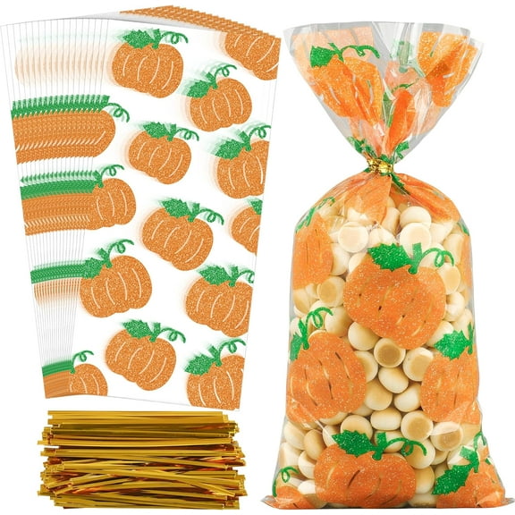 YANTONG 120 Pcs Fall Cellophane Treat Bags Fall Pumpkin Candy Bags Glitter Autumn Plastic Goodie Treat Bag Clear Thanksgiving Gift Bag with Twist Ties for Autumn Harvest Thanksgiving Party Supplies