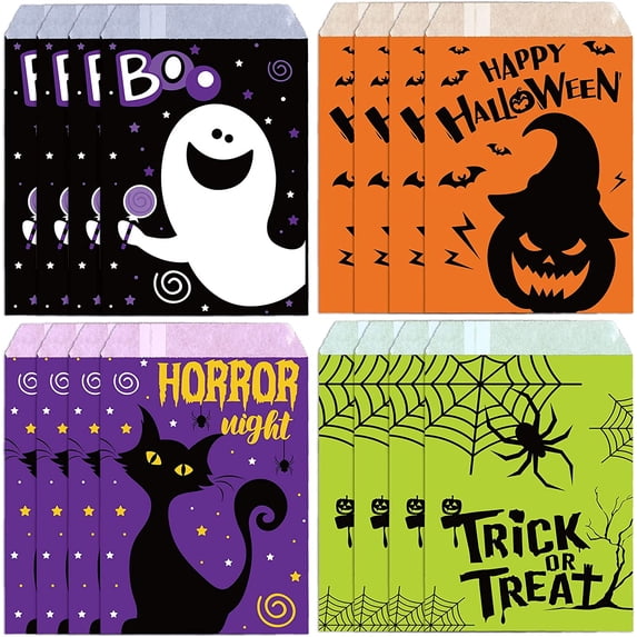 YANTONG 120Pack Halloween Treat Bags 4 Designs Cartoon Grimace Pumpkin Cat Ghost Spider Pattern Candy Buffet Bags Trick or Treat Paper Gift Bags for Chocolate Cookies Goodies Halloween Party Favor