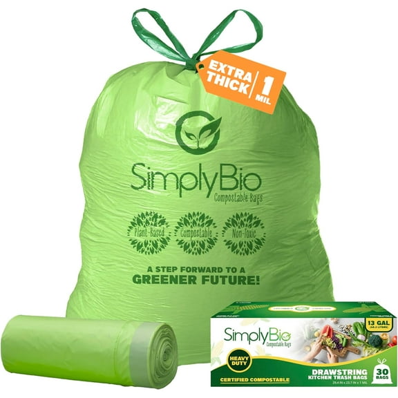 YANTONG 13 Gallon Compostable Trash Bags Liners Drawstring, Heavy Duty Extra Thick 1 Mil, 49.21 Liter, 30 Bags, Tall Kitchen Food Scrap Waste Bag, ASTM D6400, US BPI and OK Compost Home Certified