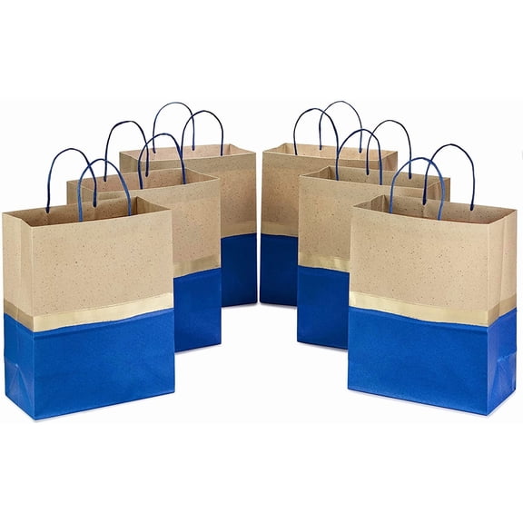 YANTONG 13" Large Paper Gift Bags (Pack of 6 - Blue & Kraft) for Hanukkah, Birthdays, Weddings, Graduations, Father's Day, Baby Showers, Bridal Showers