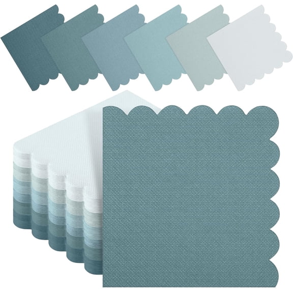 YANTONG 150 Pack Scalloped Napkins Gradient Blue Disposable 2 Ply Mix Color Napkins Beverage Cocktail Napkins for Party Wedding Bridal Shower Dinner, Fog Blue