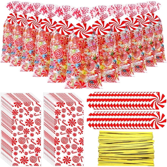 YANTONG 150 Set Christmas Candy Cane Cellophane Treat Bags Bulk Goodie Candy Cookie Cello Bags with Twist Ties Gift Cards Party Favors for Party Supplies