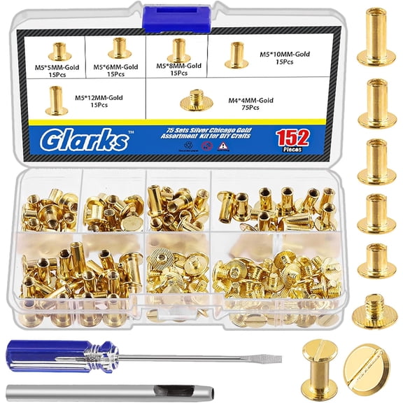 YANTONG 150 Sets Gold Chicago Screws Assorted Kit, M5 x 5mm, 6mm, 8mm, 10mm, 12mm Chicago Rivets and 4x4mm Flat Head Stud Screw, Nail Rivet Chicago Button Screw Posts Metal Accessories