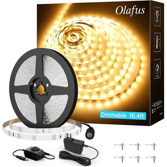 YANTONG 16.4ft LED Strip Lights Warm White Dimmable, LED Rope Light Kit 12V Flexible Under Cabinet Lighting Strips, 5m 300 LEDs 2835, 3000K Bright Led Lights for Bedroom, UL Listed Plug
