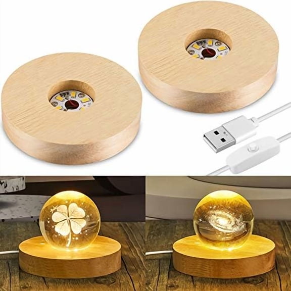 YANTONG 2 Pcs LED Base Wood Light Display Base for Crystal Glass Art Resin Light Display Stand with 6 LED Wooden Crystal Resin Lamp for 3D Laser USB Only(Round)