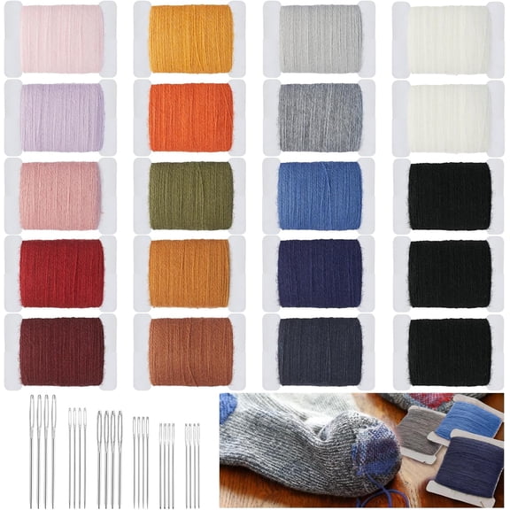 YANTONG 20 Pcs Darning Thread 50% Wool 50% Acrylic Yarn 1200m Darning Kit with 24 Pcs Large Eye Sewing Needles for Clothes Socks Plush Toy Adults DIY Home Sewing Care, 60 Meters Per Yarn(Multicolor)