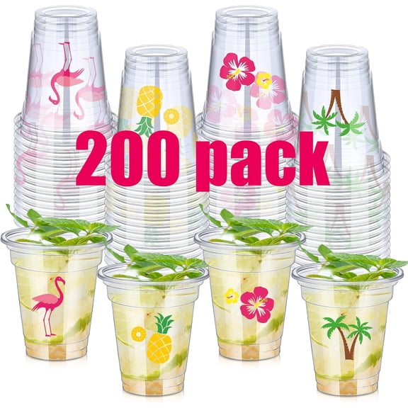 YANTONG 200 Pack 12 oz Clear Disposable Luau Cups Hawaiian Flamingo Plastic Pineapple Tropical Cups for Party Luau Party Supplies for Birthday Party Drinkware