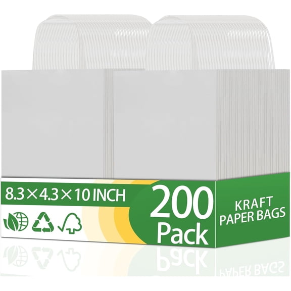 YANTONG 200 Pcs 8.3x4.3x10 Inch Medium White Paper Bags with Handles Bulk, Gift Wrap Bags Kraft Paper Bags for Birthday Party Favors Grocery Retail Business Shopping Merchandise Goody Craft Bags