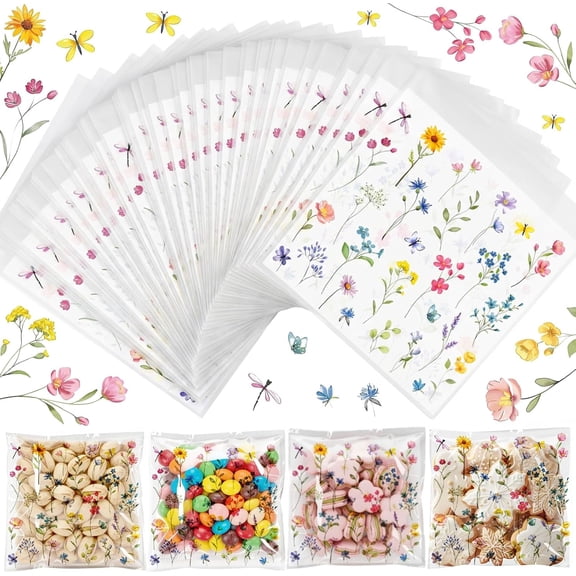 YANTONG 200 Pcs Wildflower Party Spring Cellophane Treat Bags Floral Candy Decorations Plastic Clear Spring Goodie Bags for Wedding Birthday Graduation Party Supplies 5"x 4"