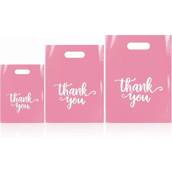 YANTONG 200PCS Reusable Thank You Bags for Business Small, Durable Plastic Bag with Handle for Store, 3 Sizes Shopping Goodie Bags for Clothes Boutique Gift, Bulk Wedding Party Purchase (Light pink)