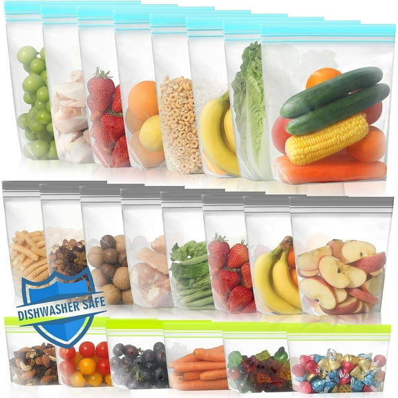 YANTONG 22 Pack Reusable Freezer Bags Dishwasher Microwave Safe, Stand Up BPA Free Reusable Sandwich Bags, Leakproof Food Storage Bags for Meal Prep (Multicolor, 8Gallon 8Sandwich 6Snack)