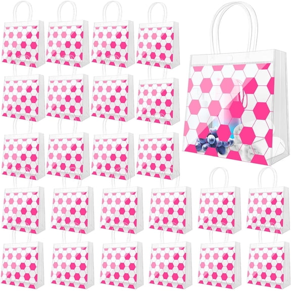 YANTONG 24 Pcs Pink Soccer Clear Goodie Bag with Handles PVC Sport Theme Goodie Treat Candy Bags Party Favor Bag for Team Birthday Gifts 883.2 Inch