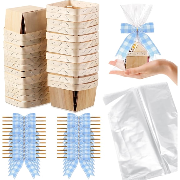 YANTONG 24 Set Wooden Gift Baskets Empty Bulk Small Berry Basket with Cellophane Bags Bows Basket Kit for Easter Spring DIY Picking Fruit Birthday Wedding Bow Party(Blue White Check)