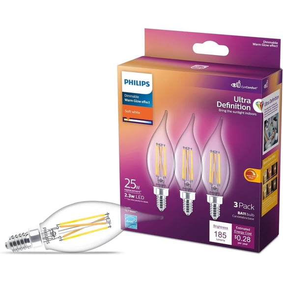 YANTONG 25W BA11 E12 Base 3-Pack Ultra Definition Soft White (2700K) 185 Lumen (2.3W = 25W) Dimmable Clear Flicker-Free Candelabra Light Bulbs