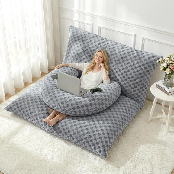YANTONG 3 in 1 Bean Bag Chair with Portable U-Shaped Pillow, Giant Bean Bag with Washable Cover, Convertible Sofa Bed (Light Grey)