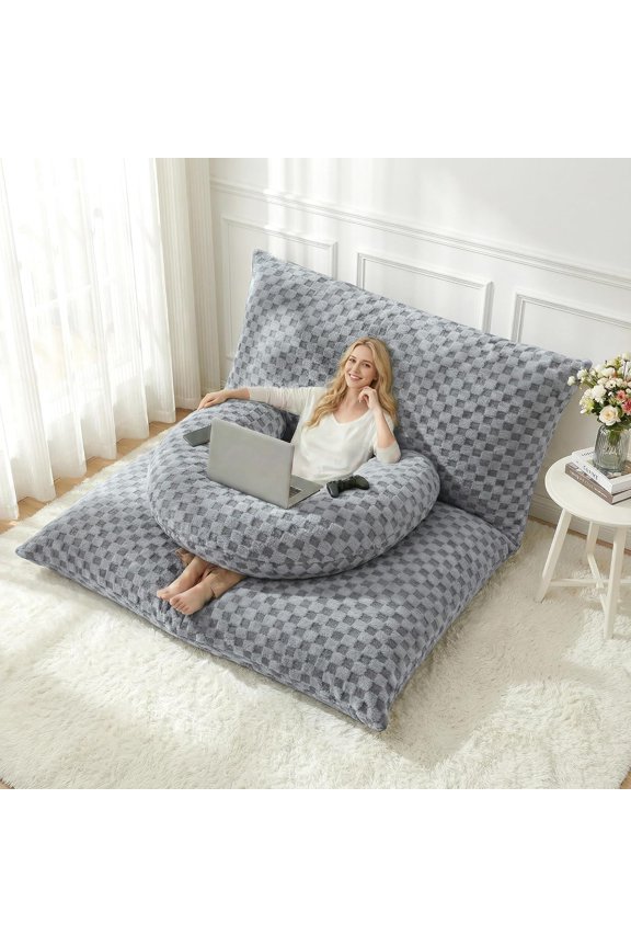 3 in 1 Bean Bag Chair with Portable U-Shaped Pillow, Giant Bean Bag with Washable Cover, Convertible Sofa Bed (Light Grey)