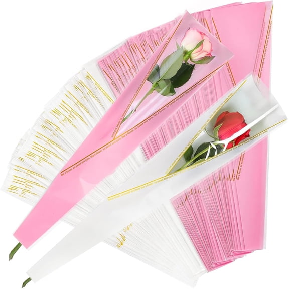YANTONG 300 Pack Single Rose Sleeves Bags, White and Pink Flower Packaging Gift for Mother's Day, Gold Edge Florist Bouquet Wrapping Cellophane for Valentine's Day Wedding, Birthday